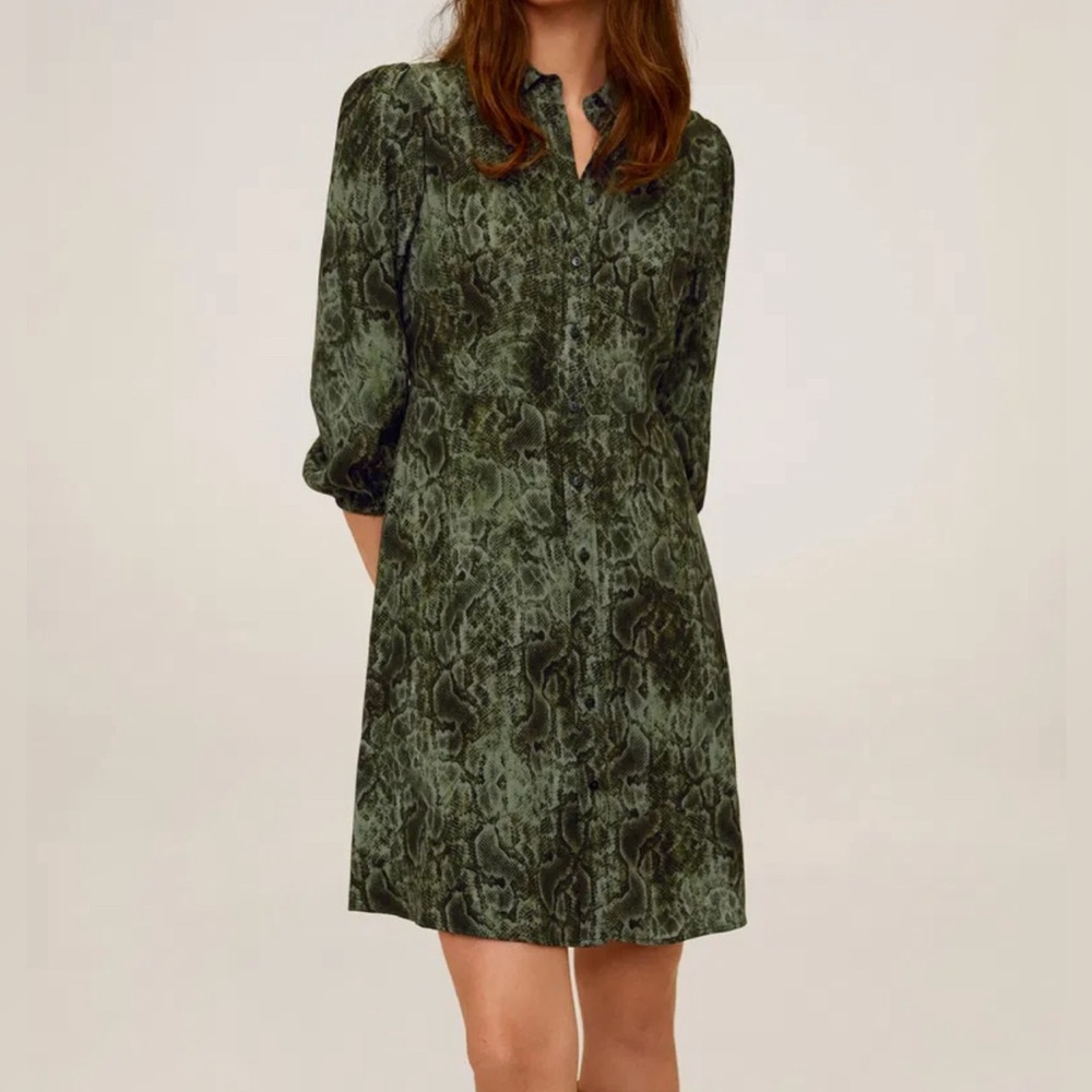 Mango Green Snakeskin Printed 3/4 Sleeved| Button Down Shirt Mini Dress Size S